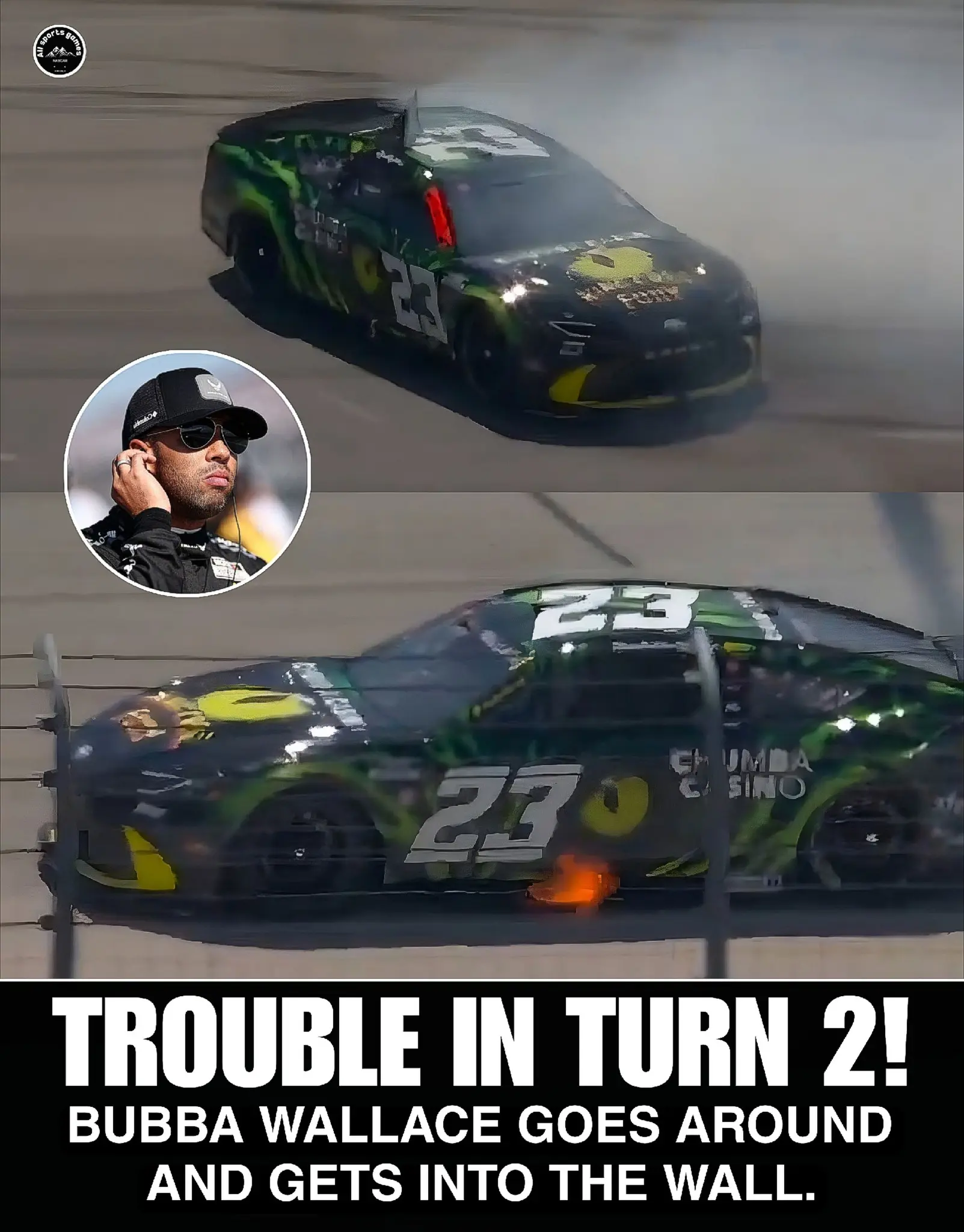 Cover Image for 🚨SHOCKING NEWS: HORRIFIC INCIDENT ON RUN 2! Bubba Wallace unexpectedly lost control, spinning at high speed before crashing into the wall in a moment that left the entire racetrack stunned.