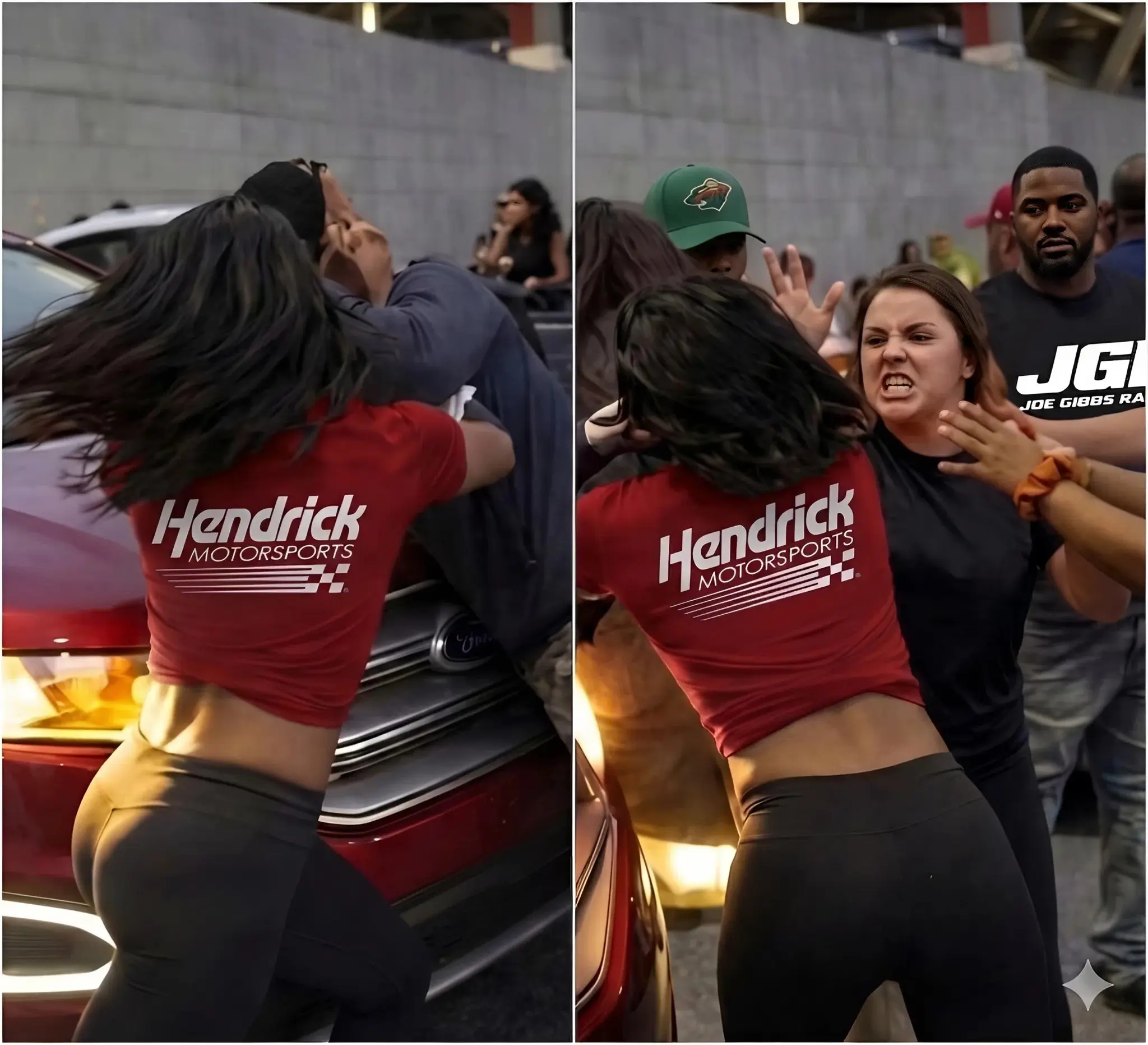 Cover Image for 🚨Two fans of Hendrick Motorsports and Joe Gibbs Racing shocked everyone after a wild altercation broke out in the fanzone before today’s Cup Series green flag.