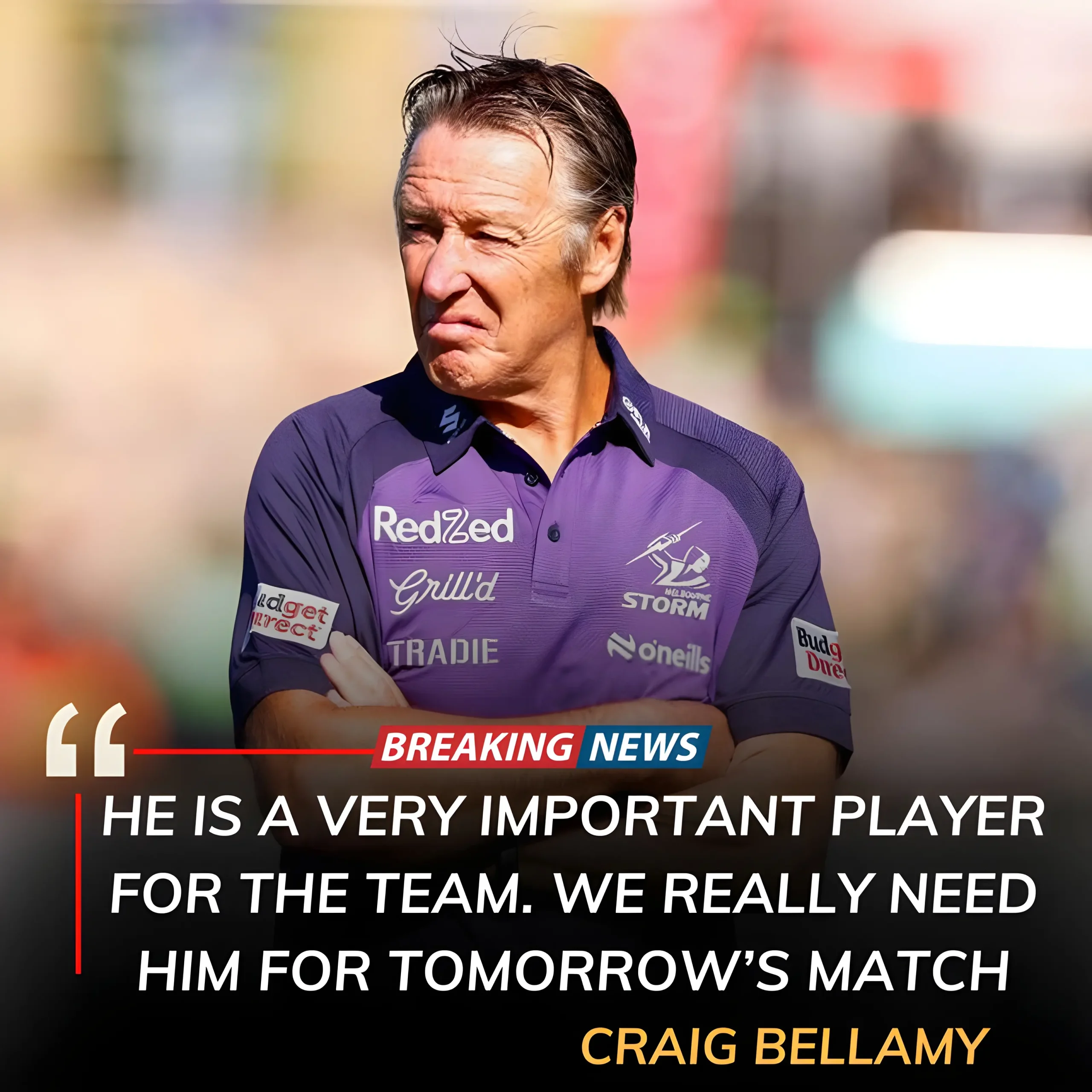 Cover Image for 🚨30 MINUTES AGO: Thirty minutes ago: Melbourne Storm head coach Craig Bellamy sadly confirmed that one of the team’s key players was involved in an accident while on the way to training.