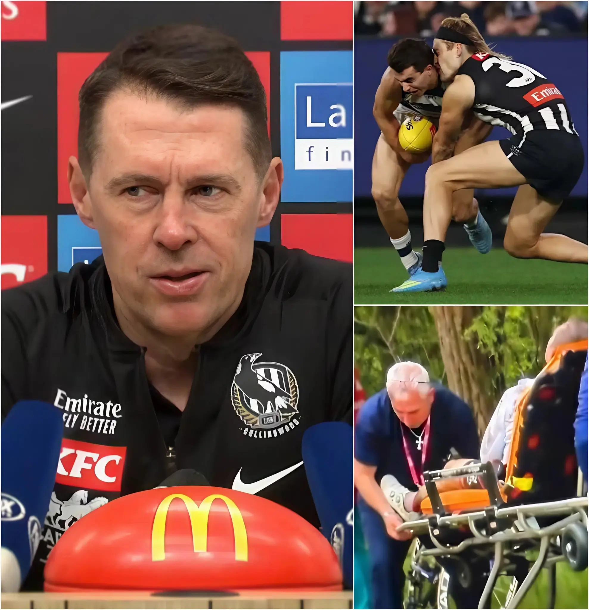 Cover Image for “I WILL NOT LET YOU RUIN MY PLAYERS!” — Craig McRae completely lost his temper after the wave of controversy erupted following Collingwood Football Club’s loss to the Geelong Cats, especially after the collision that left Darcy Moore with a concussion and a series of accusations that Collingwood was “playing dirty” and “past their prime.”
