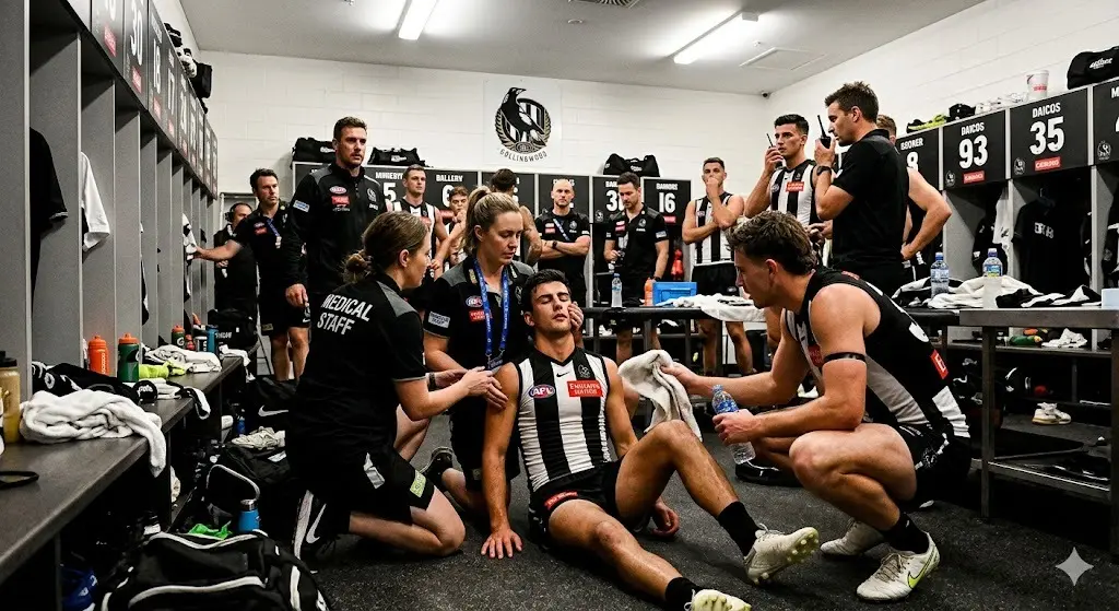 Cover Image for 🚨 15 MINUTES AGO: Panic swept through the entire room when Nick Daicos suddenly collapsed in the locker room. Security personnel, medical staff, and his team rushed to assist him, while the crowd watched in complete shock and silence. We now have some deeply concerning updates regarding Nick Daicos’ battle against a serious illness…