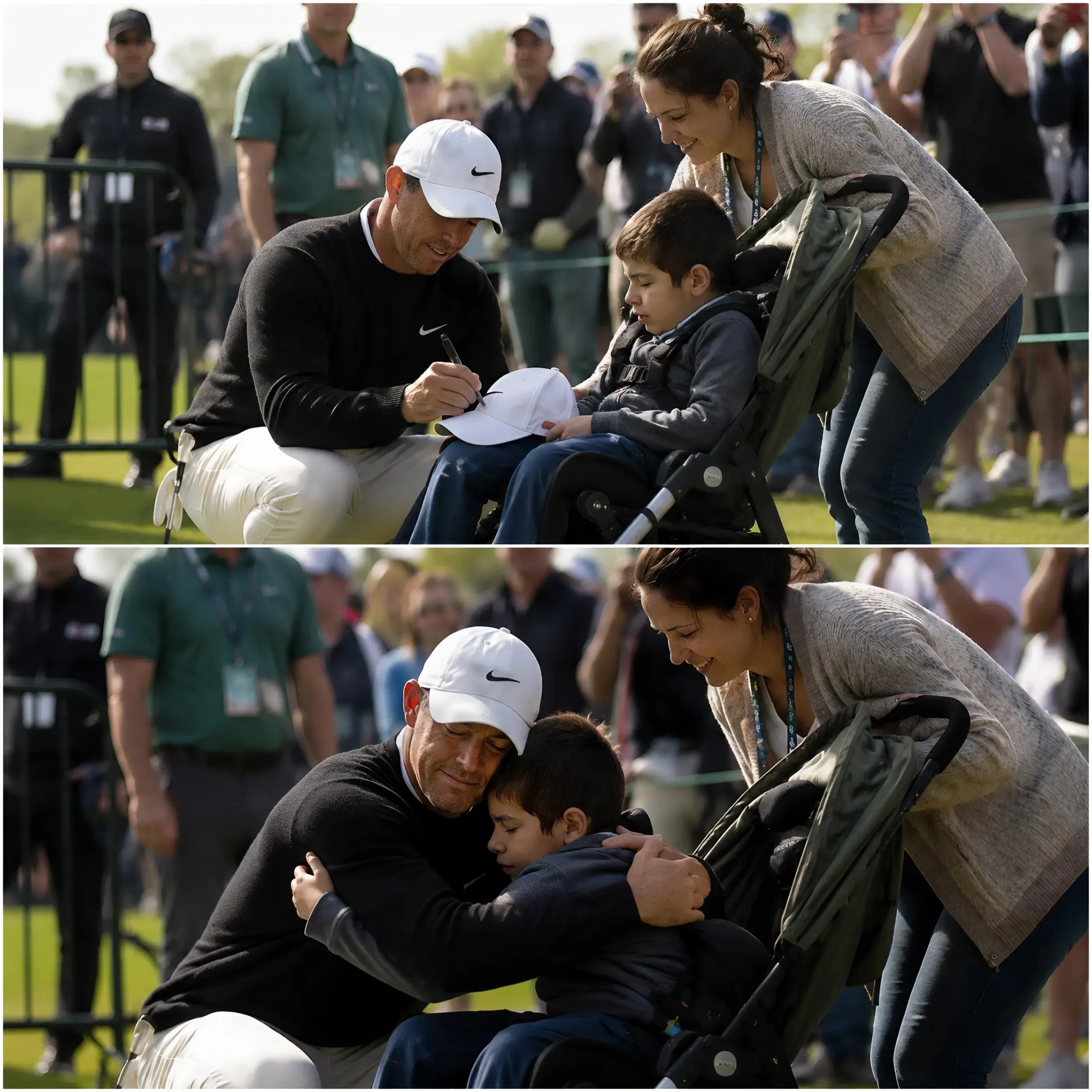Cover Image for 🔥❤️ HEARTWARMING: Golf course staff tried to ask the woman to step back behind the barrier, but Rory McIlroy calmly put down his club, walked over, and said, “Let her stay, it’s okay.”
