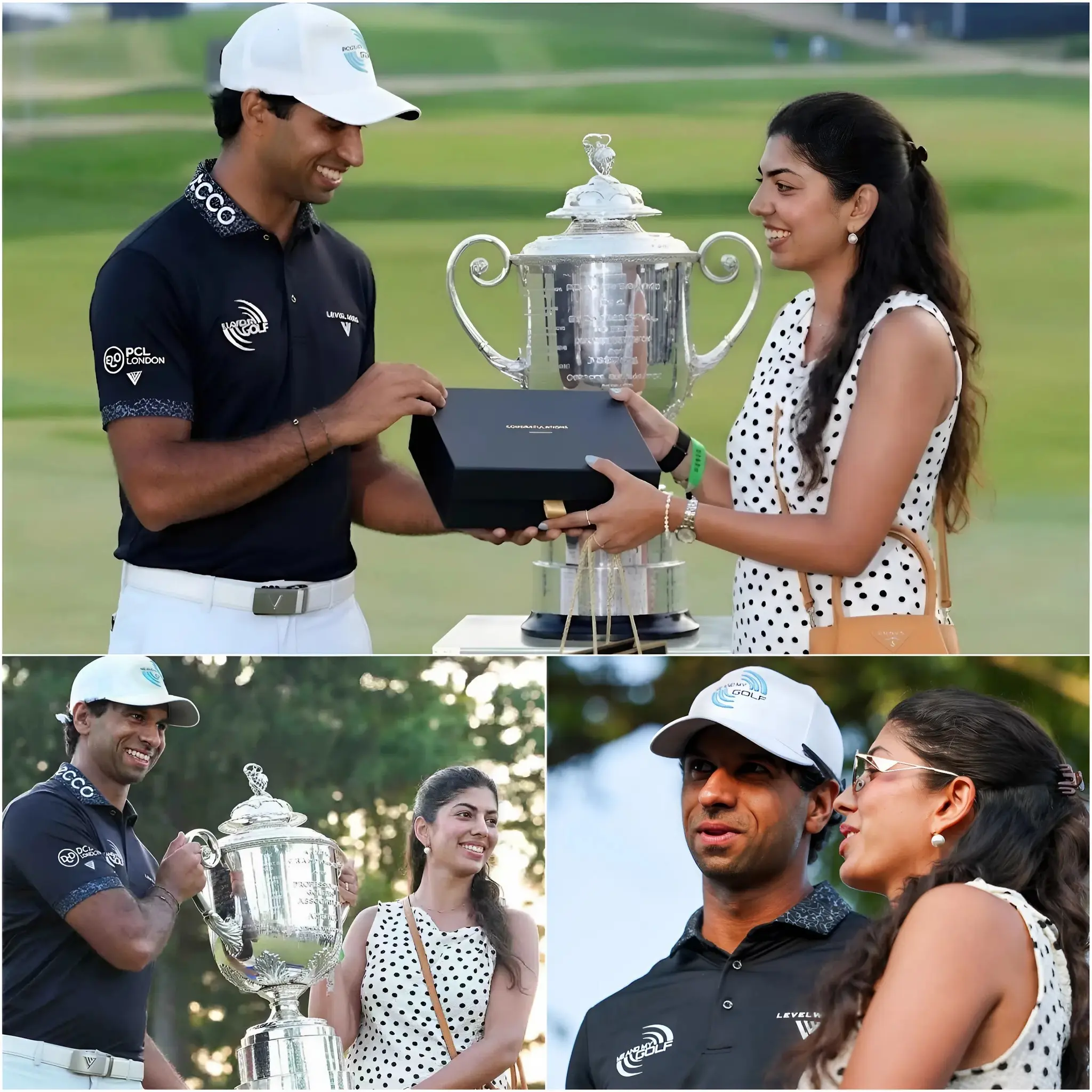Cover Image for GOOD NEWS❤️ Aaron Rai has shaken the golf world… and left everyone breathless waiting for the “special” gift his wife prepared for him after his historic victory at the PGA Championship. As soon as Aaron Rai walked in, his wife – Gaurika Bishnoi – holding an elegant black box, went straight to her husband and said loudly, “This is for you. Open it.”