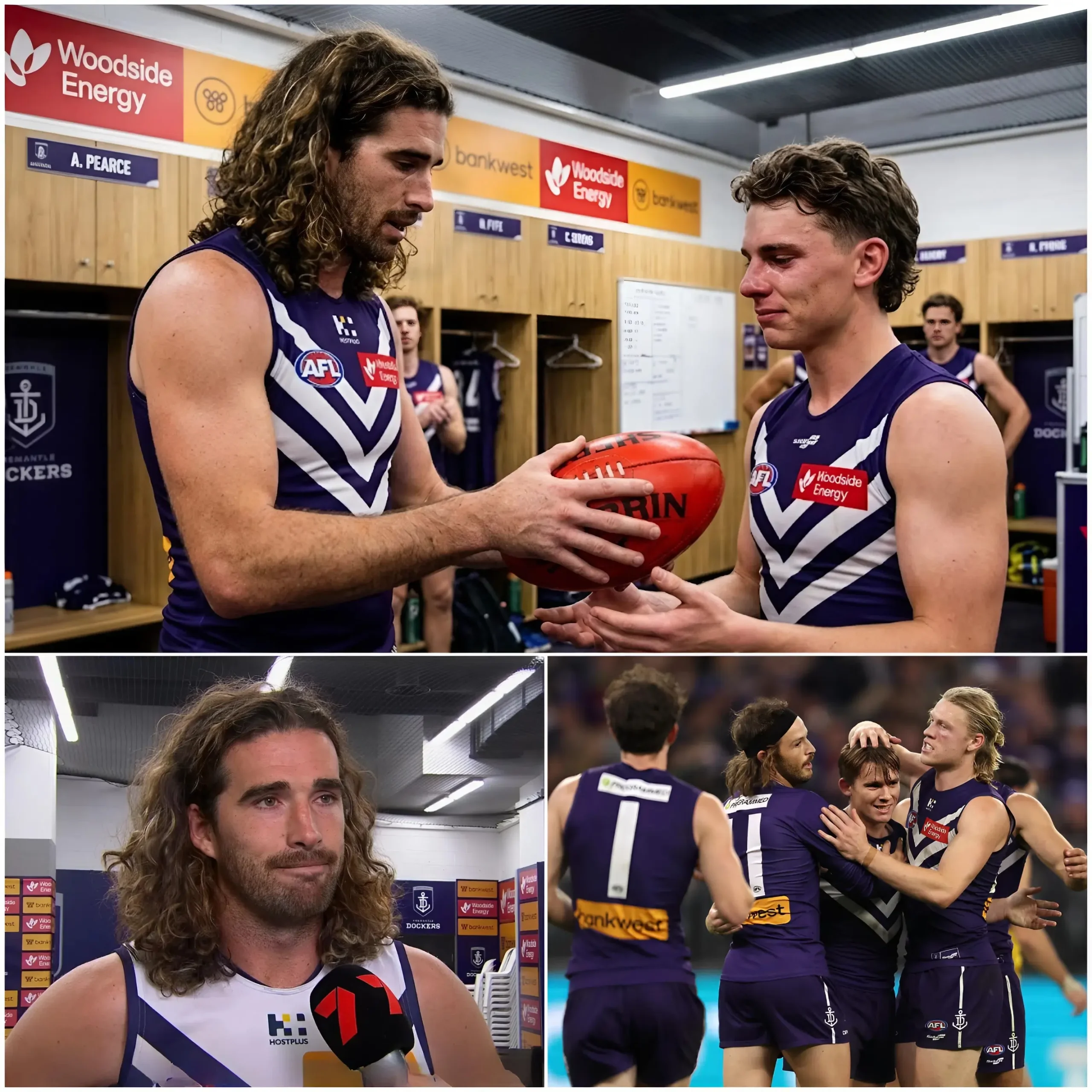 Cover Image for As they prepared to step onto the pitch at Optus Stadium for the crucial match against St Kilda in Round 11, the atmosphere became tense when Fremantle’s captain, Alex Pearce, despite a health issue, walked straight to his teammates with a cold gaze, much to the astonishment of everyone and the media. He handed Caleb Serong a Sherrin ball 🏉 and said: