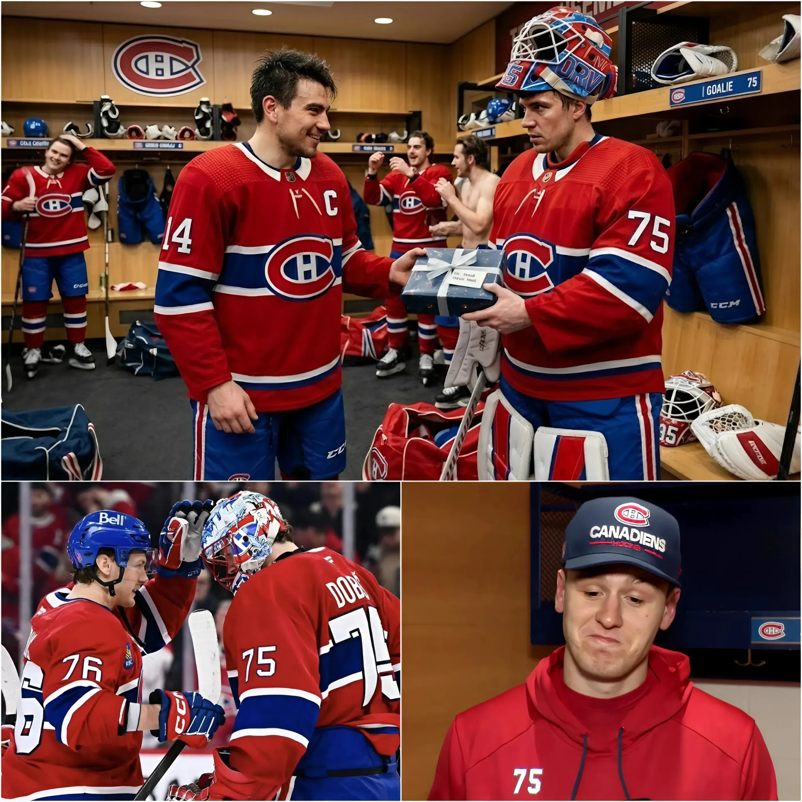 Cover Image for 💔️🏒UNE JOURNÉE INOUBLIABLE : Entre douleur immense et émotion incroyable… Malgré la lourde défaite 4-0 contre les Carolina Hurricanes, toute l’équipe des Montreal Canadiens n’a pas oublié qu’aujourd’hui marquait le 25e anniversaire du gardien Jakub Dobeš. Le capitaine des Canadiens, Nick Suzuki, a pris l’initiative d’offrir à Jakub Dobeš