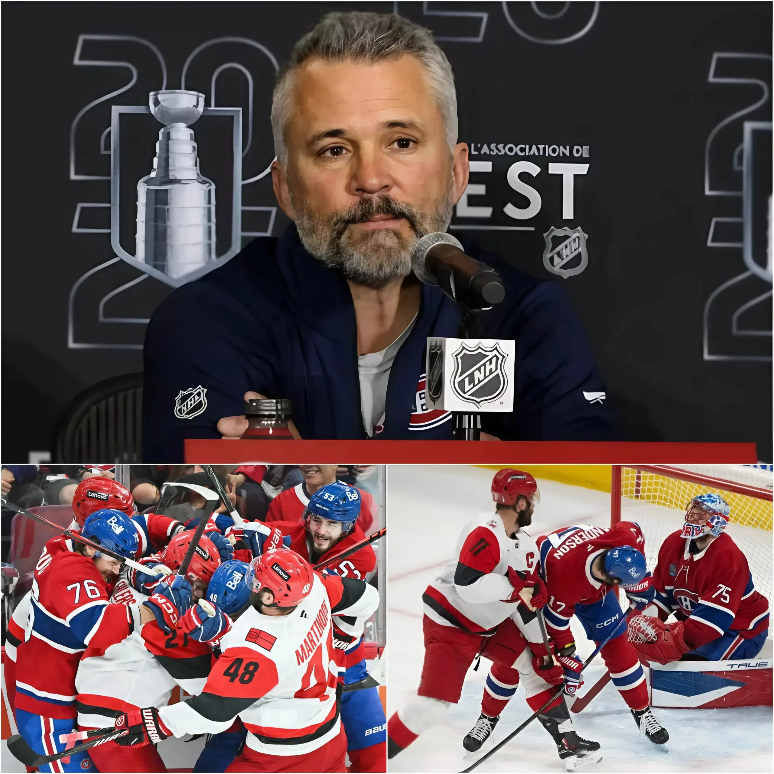 Cover Image for 🚨EXPLOSION : Après plus de 11 heures de silence total, l’entraîneur Martin St. Louis a organisé une conférence de presse d’urgence et a lancé des accusations retentissantes, dénonçant une tricherie flagrante des Carolina Hurricanes après le match 4.