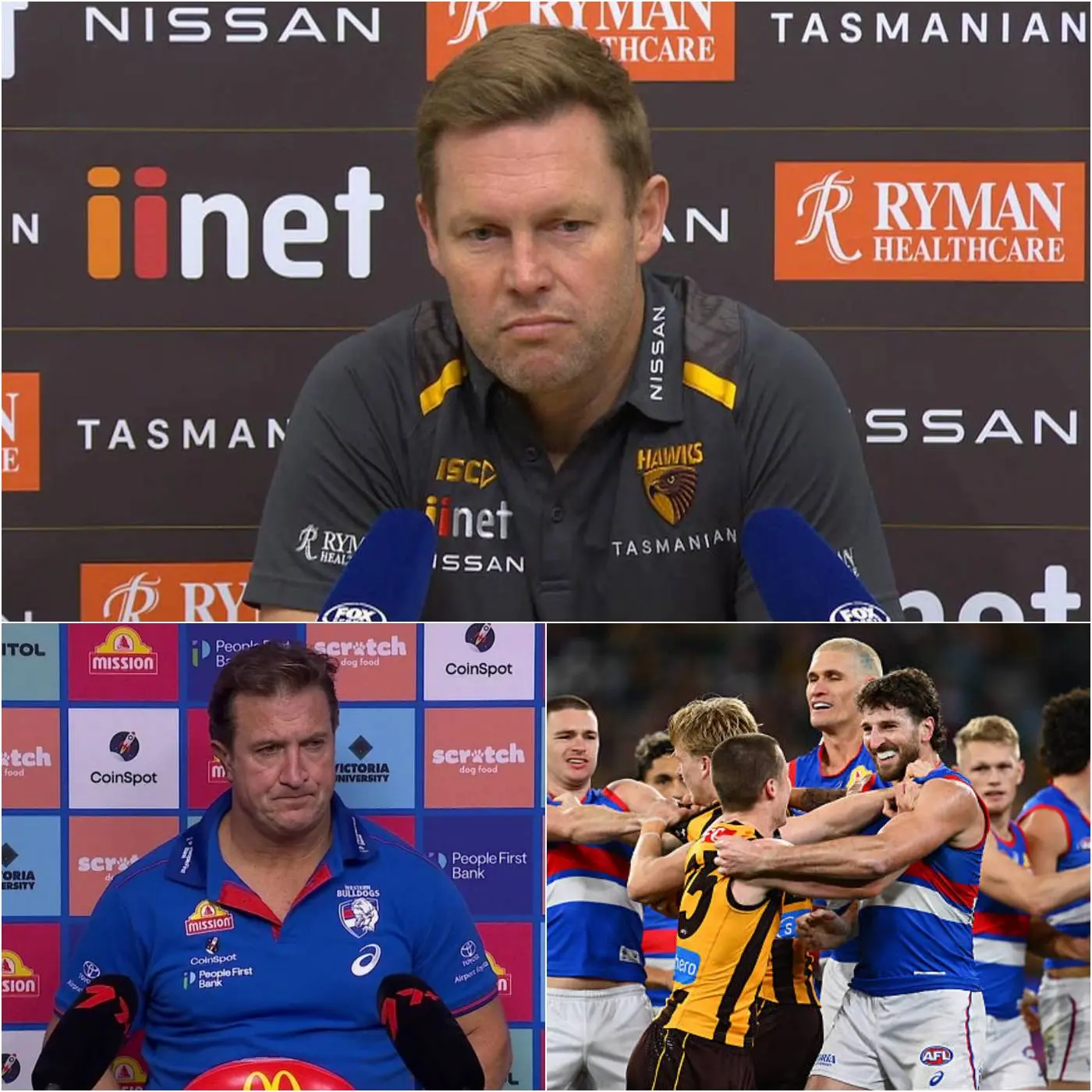 Cover Image for “HAWTHORN SHOULD HAVE TAKEN THIS GAME IF IT WEREN’T FOR THOSE CONTROVERSIAL UMPIRE DECISIONS AND UNEXPECTED MOMENTS ON THE FIELD!” — Hawthorn head coach Sam Mitchell erupted to the media after his team’s gut-wrenching 71–77 loss to the Western Bulldogs.