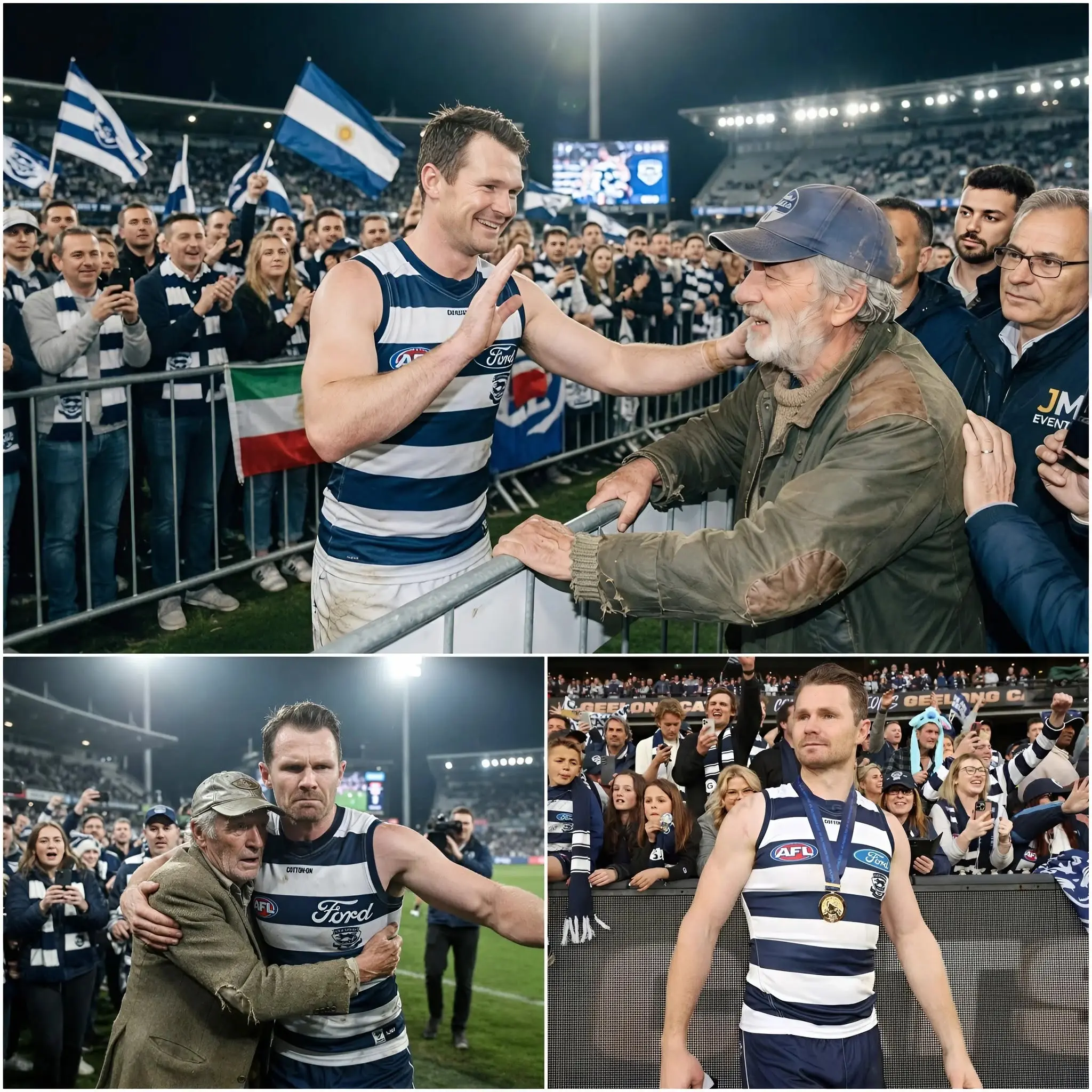 Cover Image for Security prepared to intervene, but Patrick Dangerfield calmly raised his hand and said, “Let him come closer.” A man in his sixties, wearing a worn-out jacket draped loosely over his shoulders and a faded hat, was trying to push his way through the crowd as he greeted supporters after a game at GMHBA Stadium in Geelong.