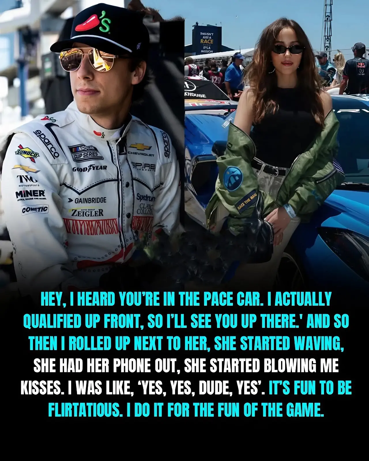 Cover Image for Carson Hocevar had a memorable interaction with Kay Adams before the San Diego race and admitted he enjoyed the playful moment, saying it’s all part of having fun around the sport. 😄🏁🔥❤️