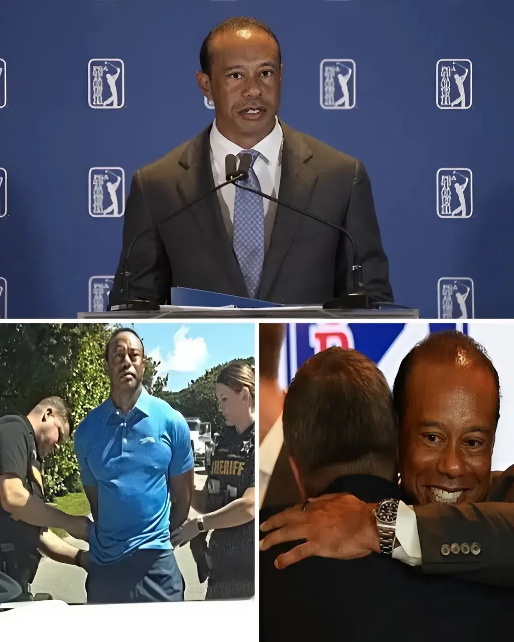Cover Image for Beaming Tiger Woods in surprise first appearance at bombshell PGA Tour announcement after rehab spell and DUI