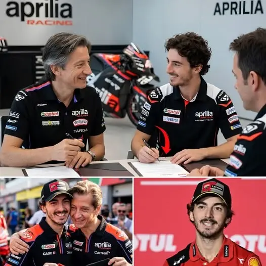 Cover Image for “THE NEXT CHAPTER BEGINS IN SILENCE…” 🚨 — Francesco Bagnaia joins Aprilia from the 2027 season, but what caused chaos in the paddock wasn’t his team change, but a shocking detail confirming that his contract includes a special exclusive clause, activated immediately upon signing and reserved solely for him. This clause could radically change his status and role within his new team. 👇