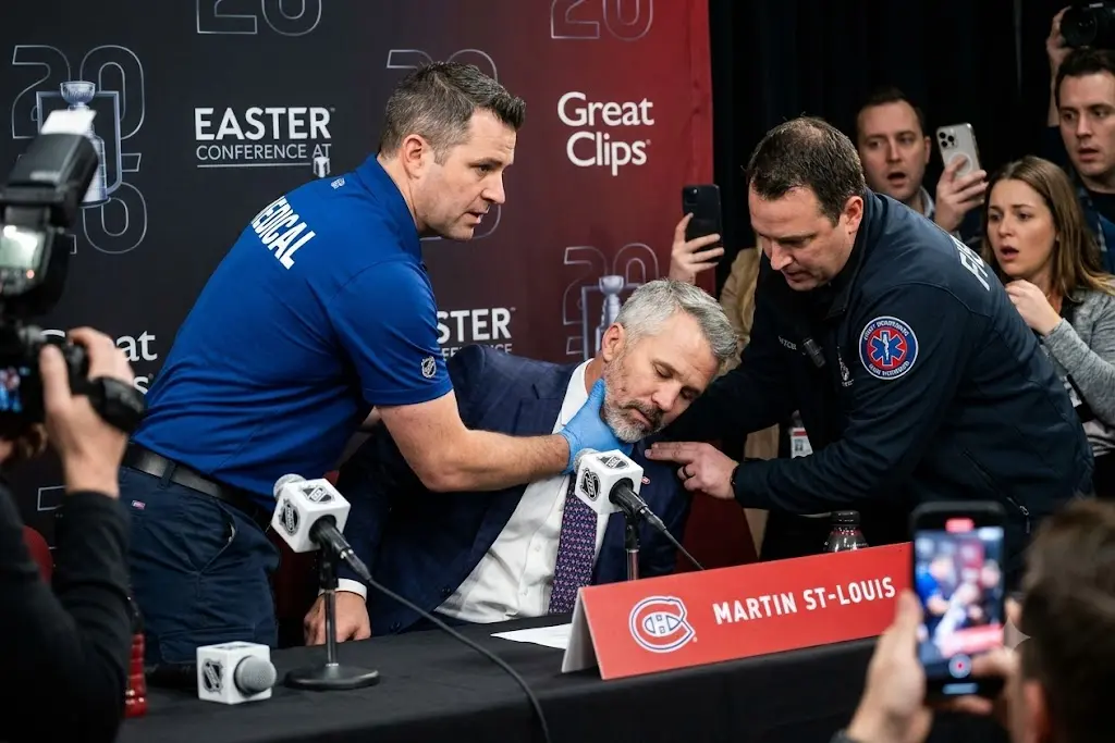 Cover Image for 🙏 IL Y A 15 MINUTES : En pleine conférence de presse aujourd’hui. La panique s’est emparée de toute la salle lorsque l’entraîneur Martin St-Louis s’est soudainement effondré.
